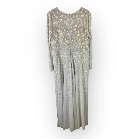 Mac Duggal size 16 Embellished Wrap Over Illusion Long Sleeve A Line Gown Gray - Picture 5 of 16